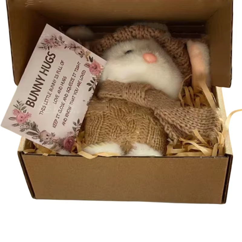 Mini Bunny Hug Cute Easter Gift Plush Bunny with Knitted Hat and Pom Pom Soft Pocket Emotional Support Rabbit with Gift Box Card
