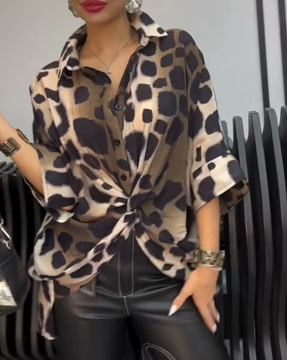 Leopard Print Turn-Down Collar Button Front Sihrt Twisted Oversized Blouse Top 2025 Autumn New Fashion Casual Pullover Tops
