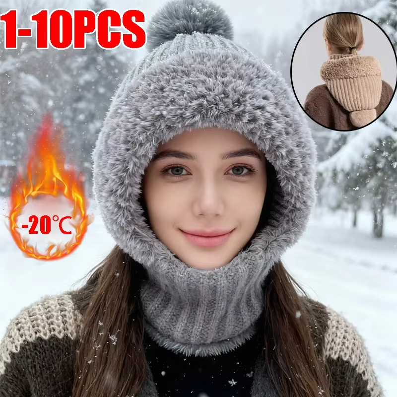 Thermal Fleece Knit Beanie with Ear Covers All-In-One Windproof Hood Neck Warmer Specifically for Bicycle Riders