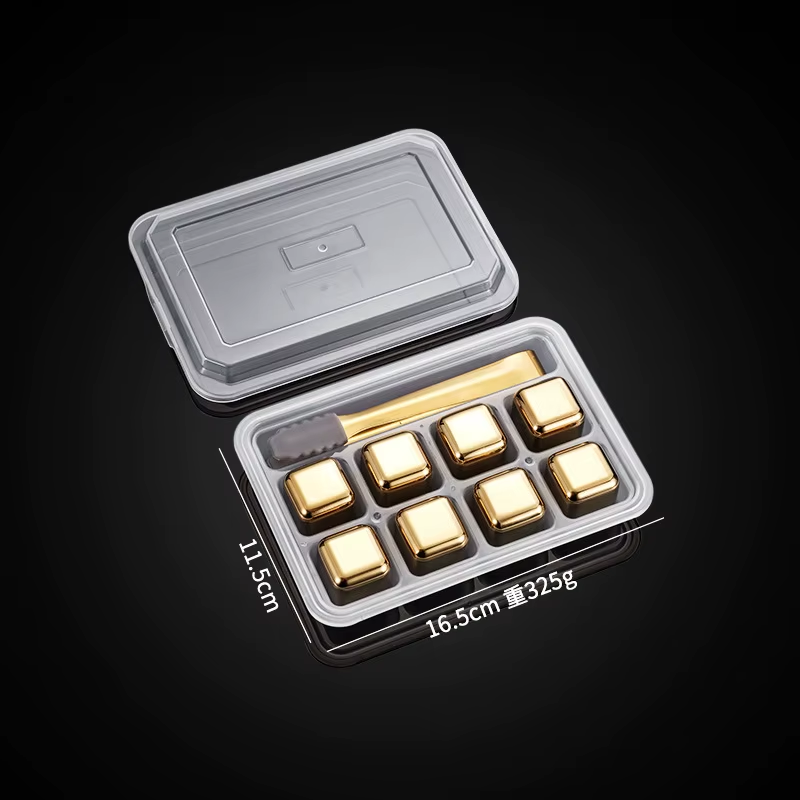 Gold and Siver Metal Cooling Rocks Reusable Ice Cubes Whiskey Steel Ice Cubes 304 Stainless Steel and with Storage Box for Vodka