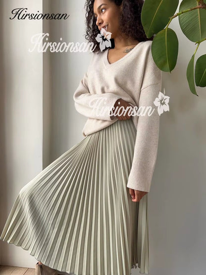 Pleated Skirts Women 2023 Autumn New Korean Fashion Vintage Solid a Line Skirt for Lady Chic Elegant Midi Skirt