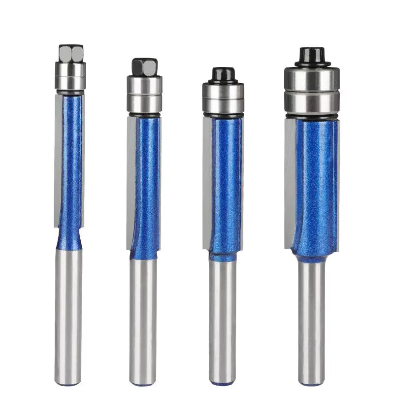 4Pcs,Sparkling Silver-Blue Double Bearing Flush Trim Router Bit - 1/4" Shank Dual Cutting Blades Electric Accessory