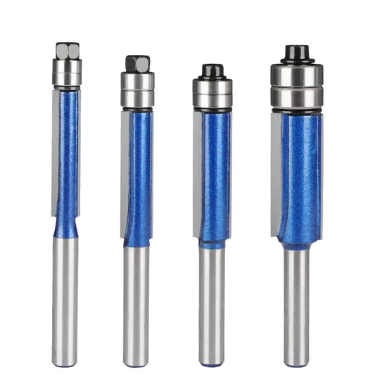 4Pcs,Sparkling Silver-Blue Double Bearing Flush Trim Router Bit - 1/4" Shank Dual Cutting Blades Electric Accessory