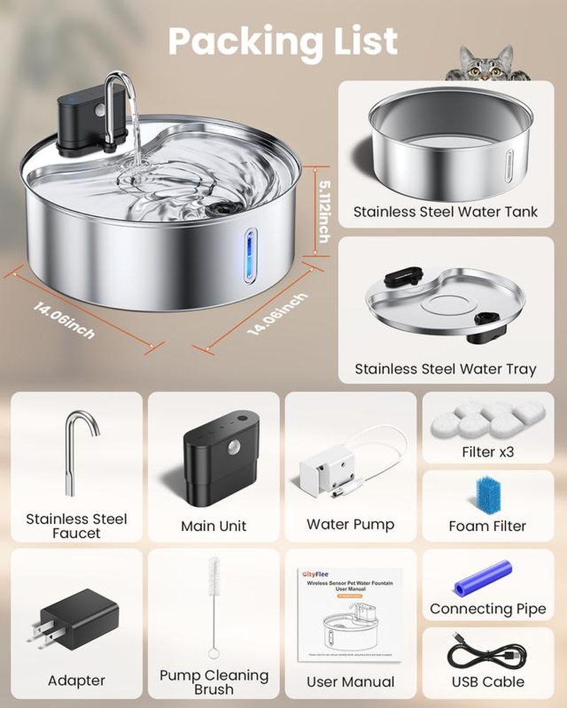Cityflee 12L Rechargeable Wireless Dog Water Fountain - Super Quiet 304 Stainless Steel Bowl for Large Dogs & Multiple Cats with Visual Water Level
