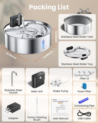 Cityflee 12L Rechargeable Wireless Dog Water Fountain - Super Quiet 304 Stainless Steel Bowl for Large Dogs & Multiple Cats with Visual Water Level