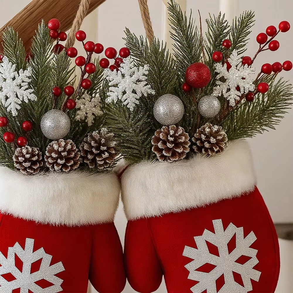 2026 Christmas Glove Garland Creative Simulated Flower Wreath Window Door Gate Home Decor Door Sign Xmas Party Decoration
