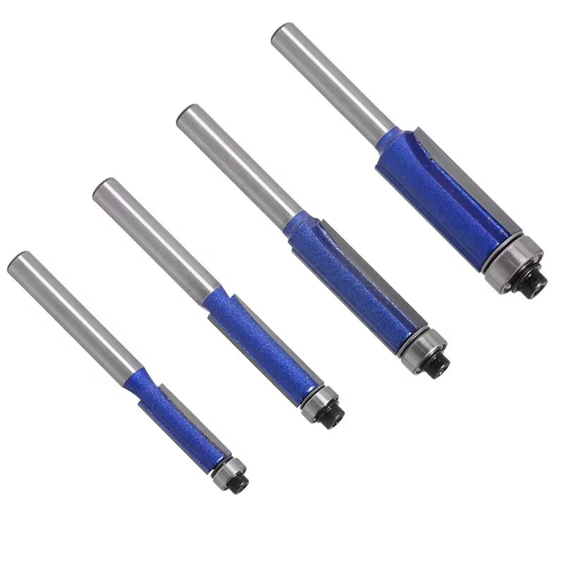 4Pcs,Sparkling Silver-Blue Double Bearing Flush Trim Router Bit - 1/4" Shank Dual Cutting Blades Electric Accessory