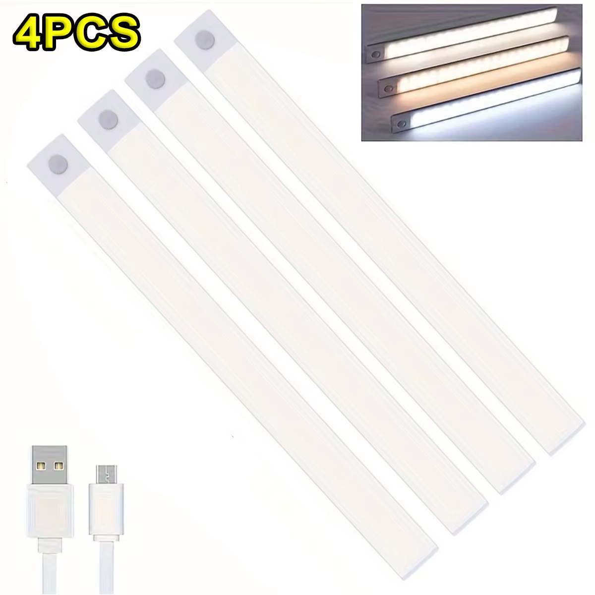 1-4 PCS Wireless Rechargeable LED Motion Sensor Cabinet Light for Closet, Kitchen, Wardrobe, Stairs - Battery Operated Night