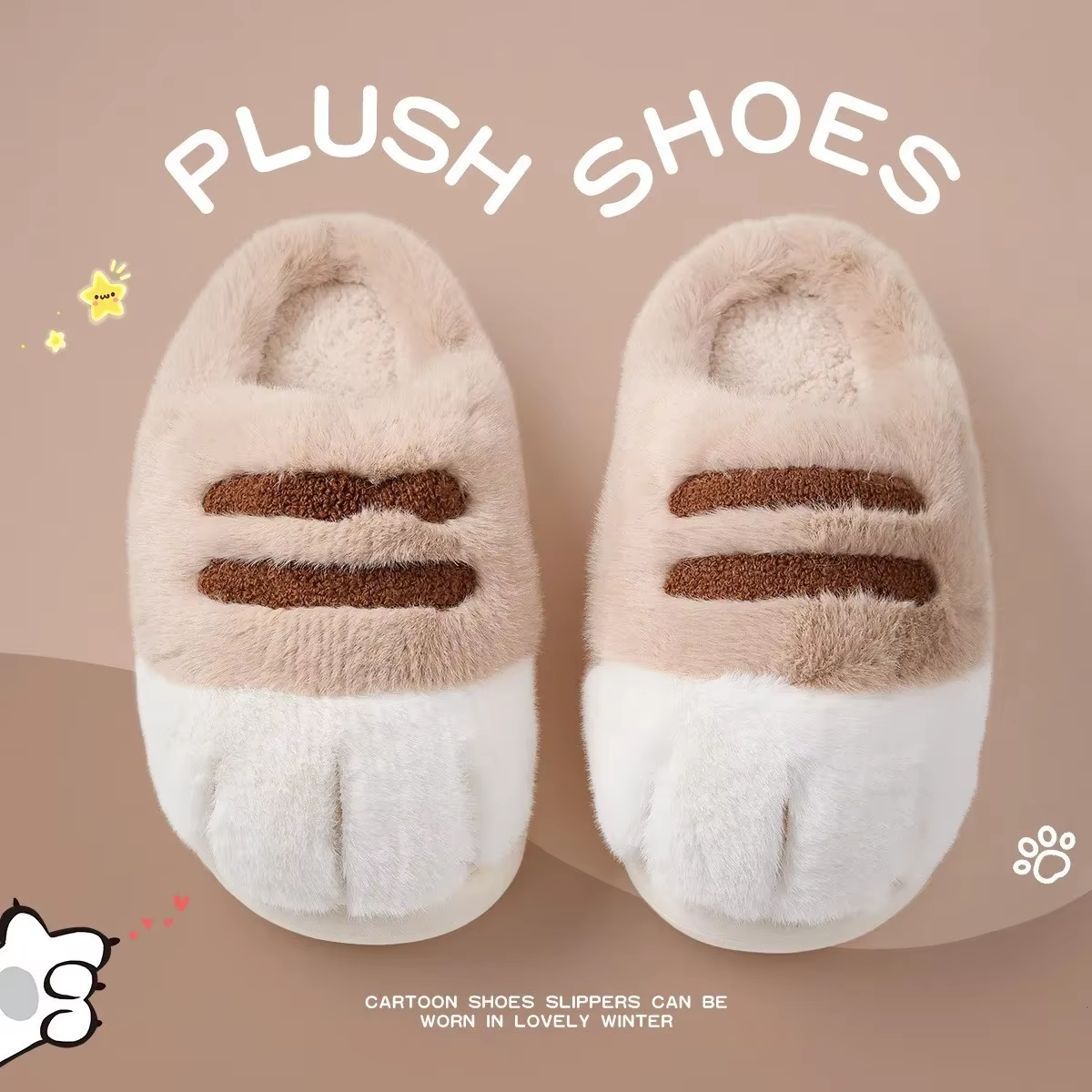 Winter Warm Slipper Women Home Fuzzy Cat Paw Claw Fur Plush Indoor Lazy Female Thermal Furry House Shoe Funny Flat Flip Flop