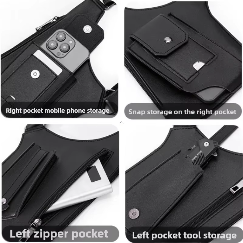 Men'S Back Crossbody Bags Double Shoulder Strap Multi-Pocket Outdoor Anti-Theft Tactical Vest Chest Bag Waterproof PU Leather