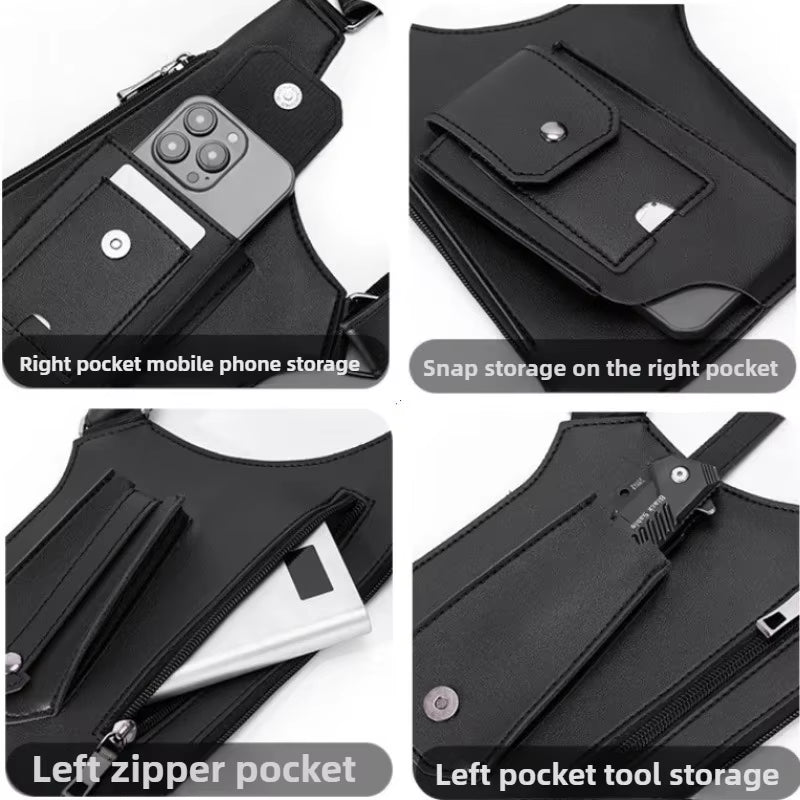 Men'S Back Crossbody Bags Double Shoulder Strap Multi-Pocket Outdoor Anti-Theft Tactical Vest Chest Bag Waterproof PU Leather