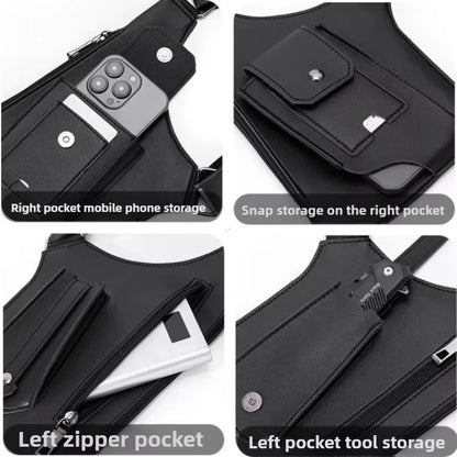 Men'S Back Crossbody Bags Double Shoulder Strap Multi-Pocket Outdoor Anti-Theft Tactical Vest Chest Bag Waterproof PU Leather