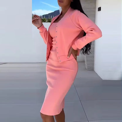 Elegant Solid Bodycon Vestidos Dresses Coat Matching Set Autumn Winter Women Casual Slim 2PC Set Fashion Single Breasted Outfits