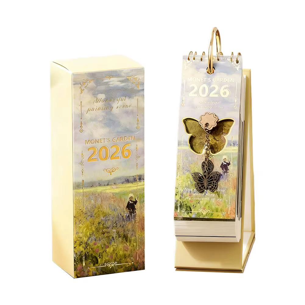 Vintage Oil Painting Desk Calendar with Gold Ring Binding 365 Days Inspirational Quotes One-Way Page Turn Daily Planner