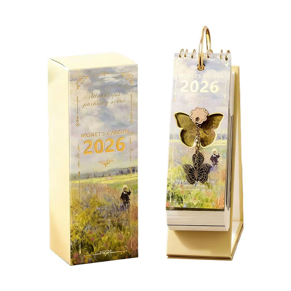 Vintage Oil Painting Desk Calendar with Gold Ring Binding 365 Days Inspirational Quotes One-Way Page Turn Daily Planner