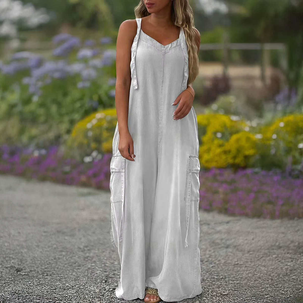 Casual Loose Jumpsuit Women Spaghetti Long Camis Summer Print Cotton Linen Strap Wide Leg Pants Bib Overalls Sleeveless Jumpsuit
