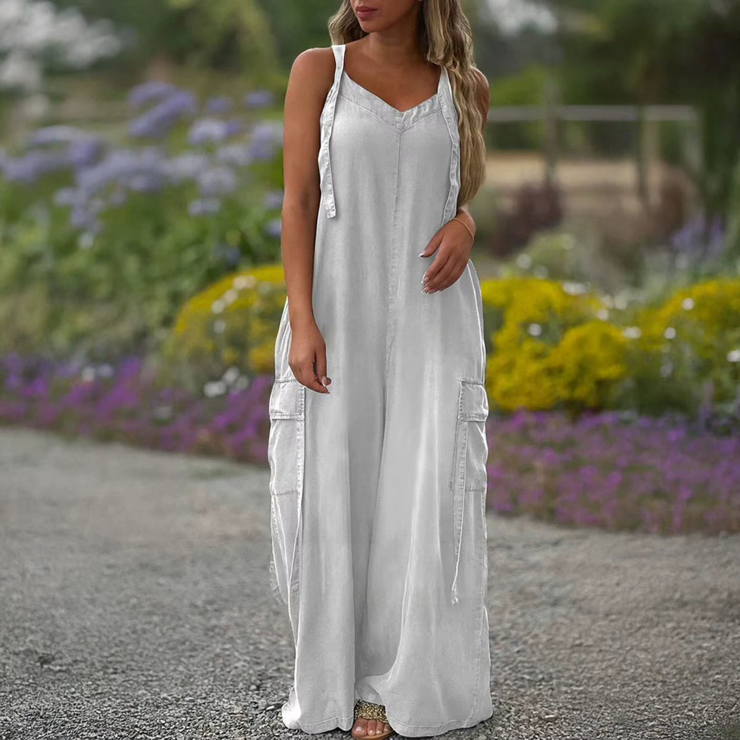 Casual Loose Jumpsuit Women Spaghetti Long Camis Summer Print Cotton Linen Strap Wide Leg Pants Bib Overalls Sleeveless Jumpsuit