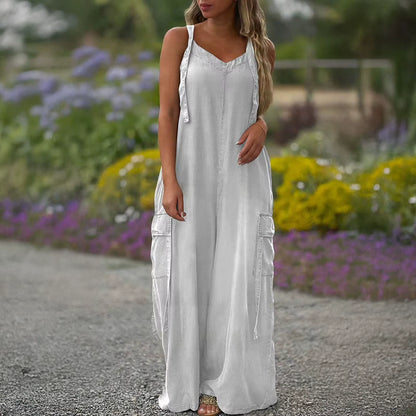 Casual Loose Jumpsuit Women Spaghetti Long Camis Summer Print Cotton Linen Strap Wide Leg Pants Bib Overalls Sleeveless Jumpsuit