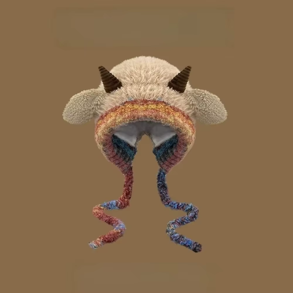 Cute Thick Plush Knitted Hat Girls Winter Warm Ear Protection Beanies Hat Women Comfortable Horn Pullover Hats