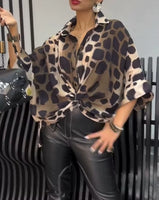 Leopard Print Turn-Down Collar Button Front Sihrt Twisted Oversized Blouse Top 2025 Autumn New Fashion Casual Pullover Tops