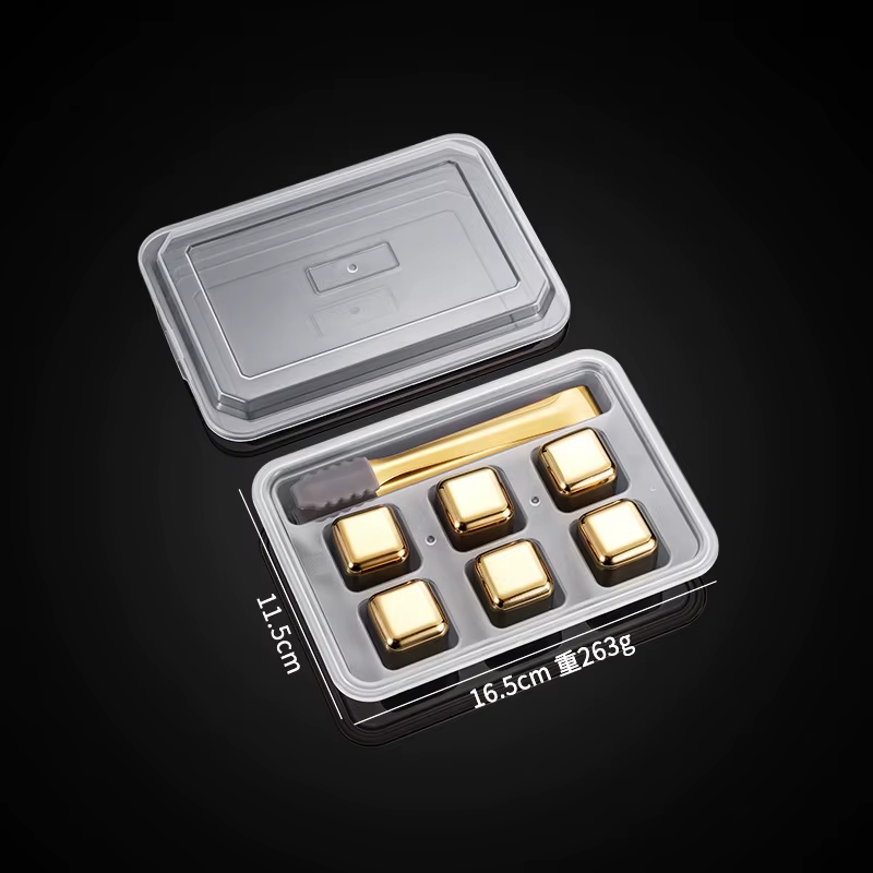 Gold and Siver Metal Cooling Rocks Reusable Ice Cubes Whiskey Steel Ice Cubes 304 Stainless Steel and with Storage Box for Vodka