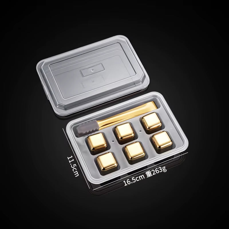 Gold and Siver Metal Cooling Rocks Reusable Ice Cubes Whiskey Steel Ice Cubes 304 Stainless Steel and with Storage Box for Vodka
