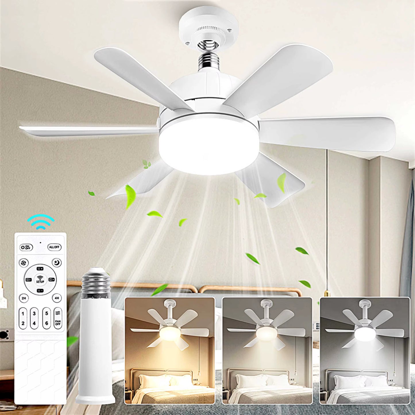 2-IN-1 Socket Fan Lights with Remote, Timing Funtion, 3 Color Temperature&6 Speeds, E26/E27 Bulb Ceiling Fans Lamps for Room