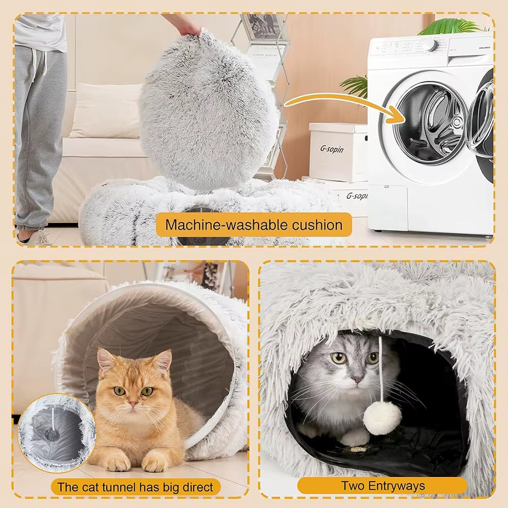 Winter New Arrival Plush Cat Tunnel Bed Foldable Two-In-One round Warmth Pet Nest Thickened Cozy Cuddly Cat Hideaway