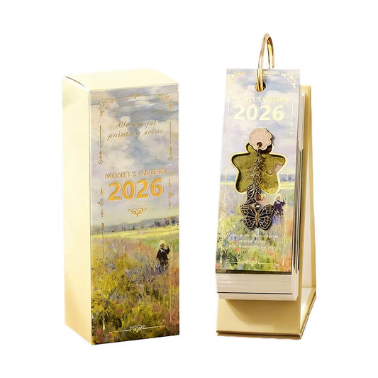 Vintage Oil Painting Desk Calendar with Gold Ring Binding 365 Days Inspirational Quotes One-Way Page Turn Daily Planner