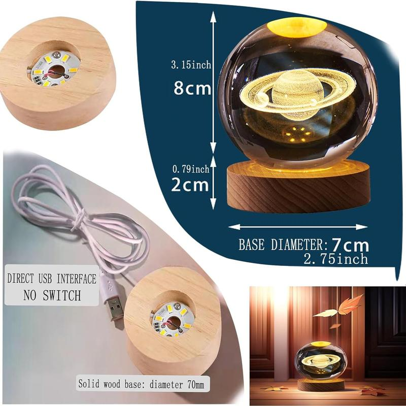 Enchanting 3D Saturn Crystal Ball Night Light with LED Stand - Stunning Planet Figurine Lamp for Bedroom Decor (2.4 In, 60Mm)