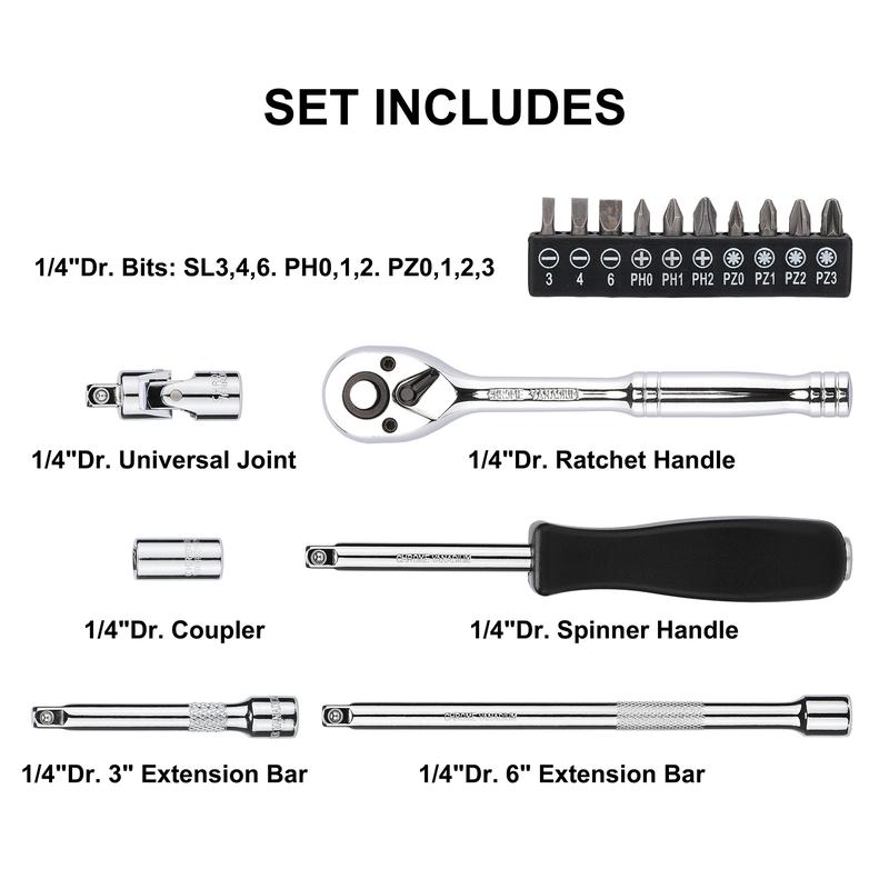 CASOMAN 1/4-Inch Drive Master Socket Set with Ratchets, Adapters, Extensions with 1/4