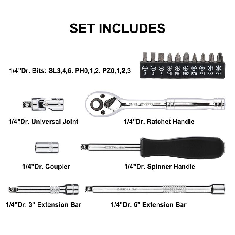 CASOMAN 1/4-Inch Drive Master Socket Set with Ratchets, Adapters, Extensions with 1/4" Dr. Bits Set, Inch/Metric, 6-Point, 5/32-Inch - 9/16-Inch, 4 Mm - 14 Mm, 62-Piece 1/4" Dr. Socket Set, #Tiktokshopblackfriday