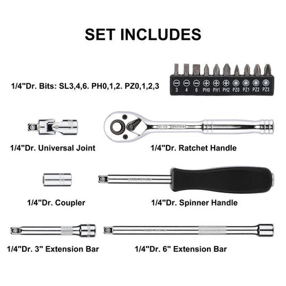 CASOMAN 1/4-Inch Drive Master Socket Set with Ratchets, Adapters, Extensions with 1/4" Dr. Bits Set, Inch/Metric, 6-Point, 5/32-Inch - 9/16-Inch, 4 Mm - 14 Mm, 62-Piece 1/4" Dr. Socket Set, #Tiktokshopblackfriday
