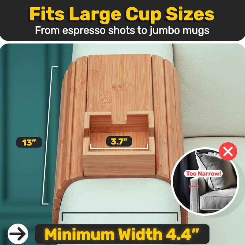 Couch Cup Holder Wooden Sofa Armrest Tray Foldable Anti-Slip Drink Coaster Sofa Side Storage Table Cup Holder Snack Organizer