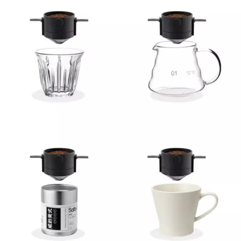 Portable Hand-Brewed Coffee Filter Cup Stainless Steel Folding Ear Filter Drip-Free Coffee Filter Cup with Bottom Tray