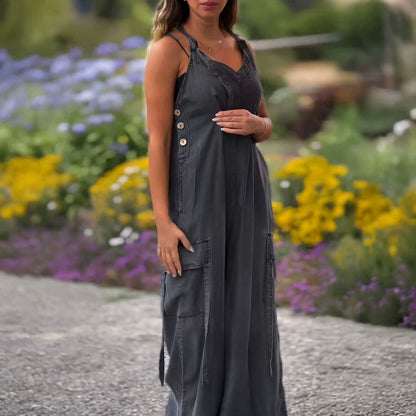 Casual Loose Jumpsuit Women Spaghetti Long Camis Summer Print Cotton Linen Strap Wide Leg Pants Bib Overalls Sleeveless Jumpsuit