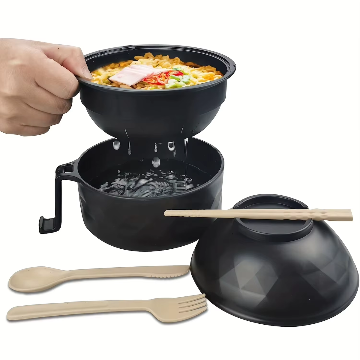 Microwave Ramen Bowl Cooker Set Wheat Straw Instant Noodles Bowl Handles,Ramen Noodle Cooker with Spoon Chopsticks Fork Camping