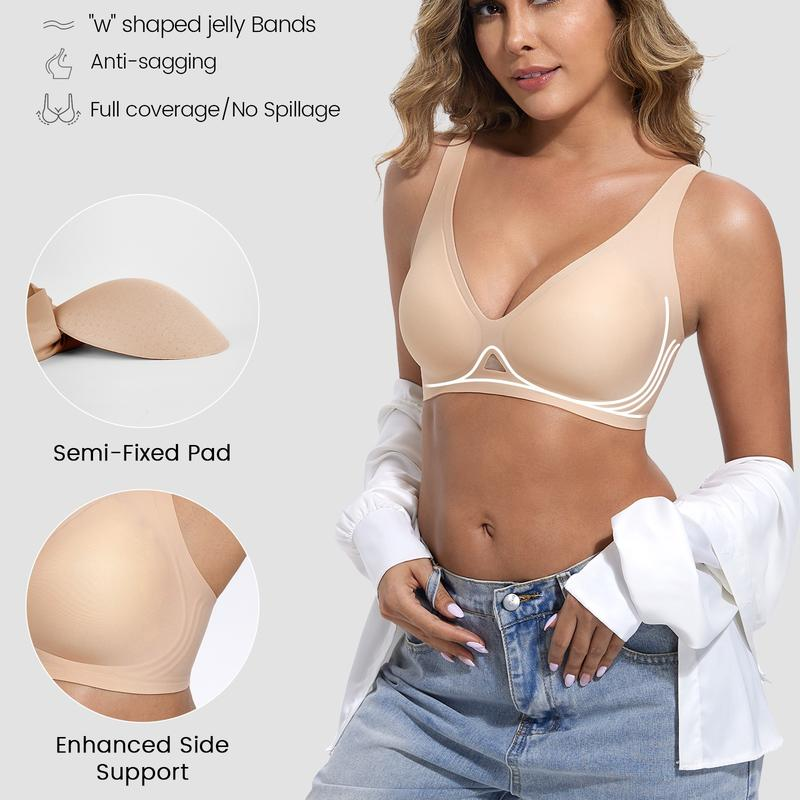 Obind Wireless Jelly Deep-V Bra Everyday Comfort Push-Up Seamless T-Shirt Bra Slimming Design Adjustable Straps Minimalist Soft Butter-Fabric Breathable Mesh Triangle Panel Basic Women’S Underwear