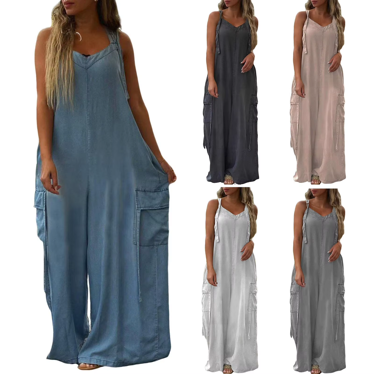 Casual Loose Jumpsuit Women Spaghetti Long Camis Summer Print Cotton Linen Strap Wide Leg Pants Bib Overalls Sleeveless Jumpsuit