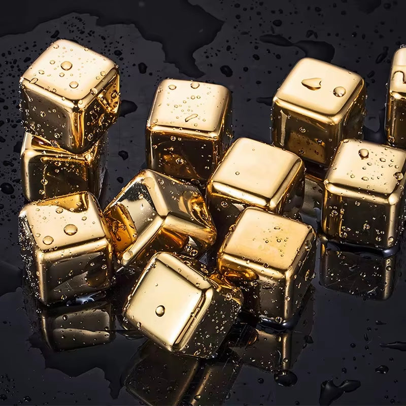 Gold and Siver Metal Cooling Rocks Reusable Ice Cubes Whiskey Steel Ice Cubes 304 Stainless Steel and with Storage Box for Vodka