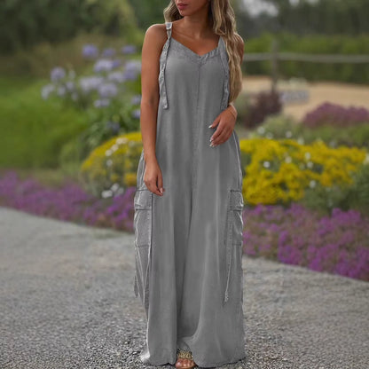 Casual Loose Jumpsuit Women Spaghetti Long Camis Summer Print Cotton Linen Strap Wide Leg Pants Bib Overalls Sleeveless Jumpsuit