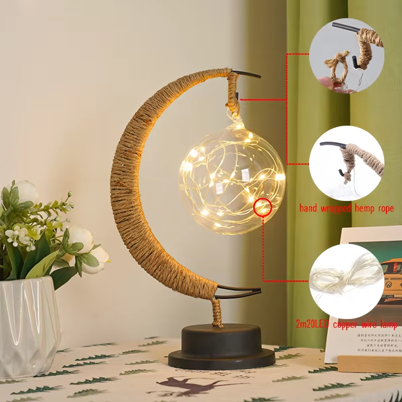 1Pc LED Moon Lamp,Iron Art Decorative Table Lamp for Bar,Bedroom,Living Room,Battery Powered Black Portable Night Light