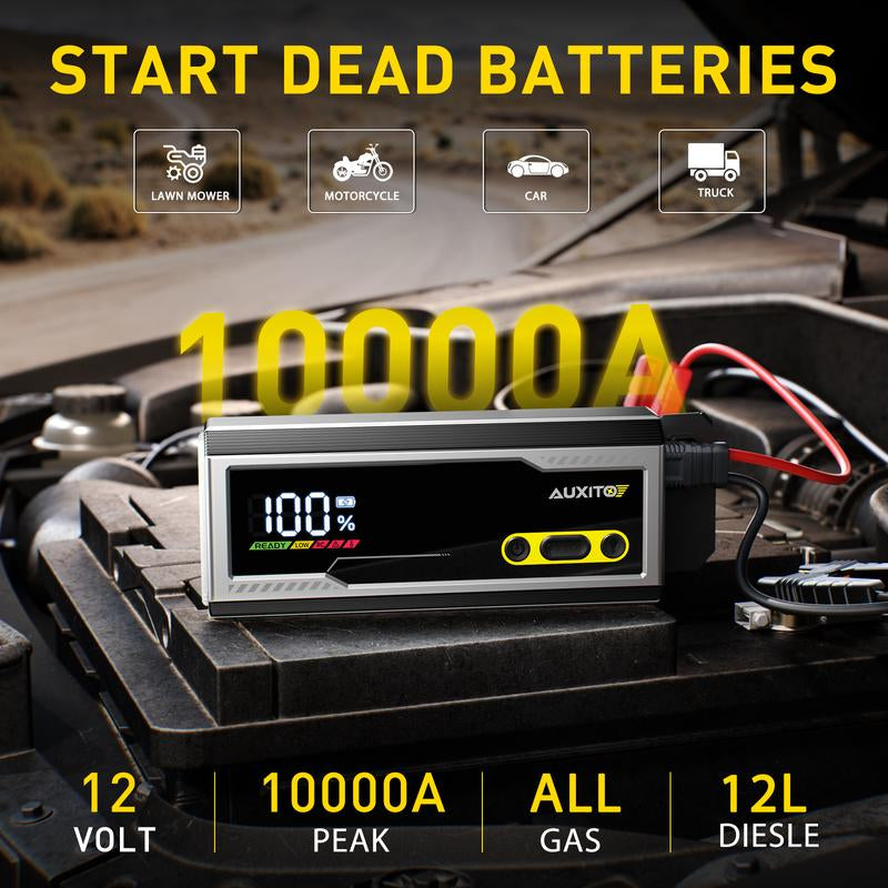 AUXITO 10000A Ultra-Powerful Jump Starter for All Gas & Diesel Engines - Fast Charging, LED Display, 3-Mode Flashlight & Storage Case Included!