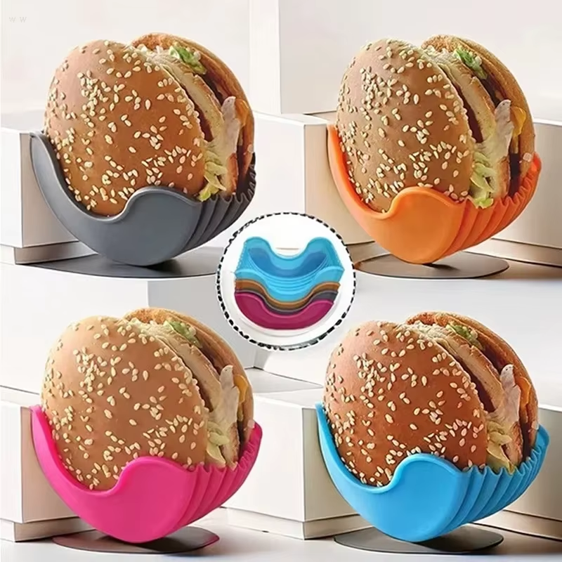4Pcs Retractable Hamburger Holders Hamburger Fixed Box Sandwich Burger Clip Rack Washable Silicone French Fry Hamburger Sauce