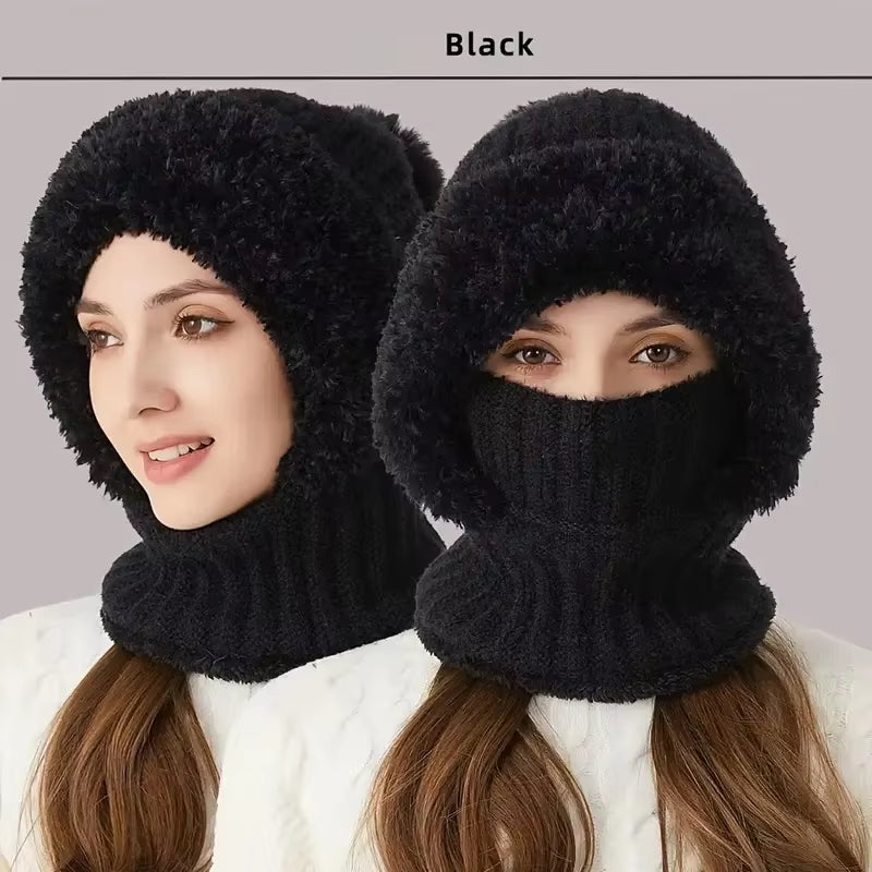 Thermal Fleece Knit Beanie with Ear Covers All-In-One Windproof Hood Neck Warmer Specifically for Bicycle Riders