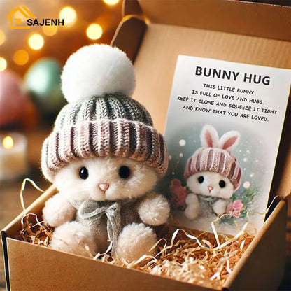 Mini Bunny Hug Cute Easter Gift Plush Bunny with Knitted Hat and Pom Pom Soft Pocket Emotional Support Rabbit with Gift Box Card