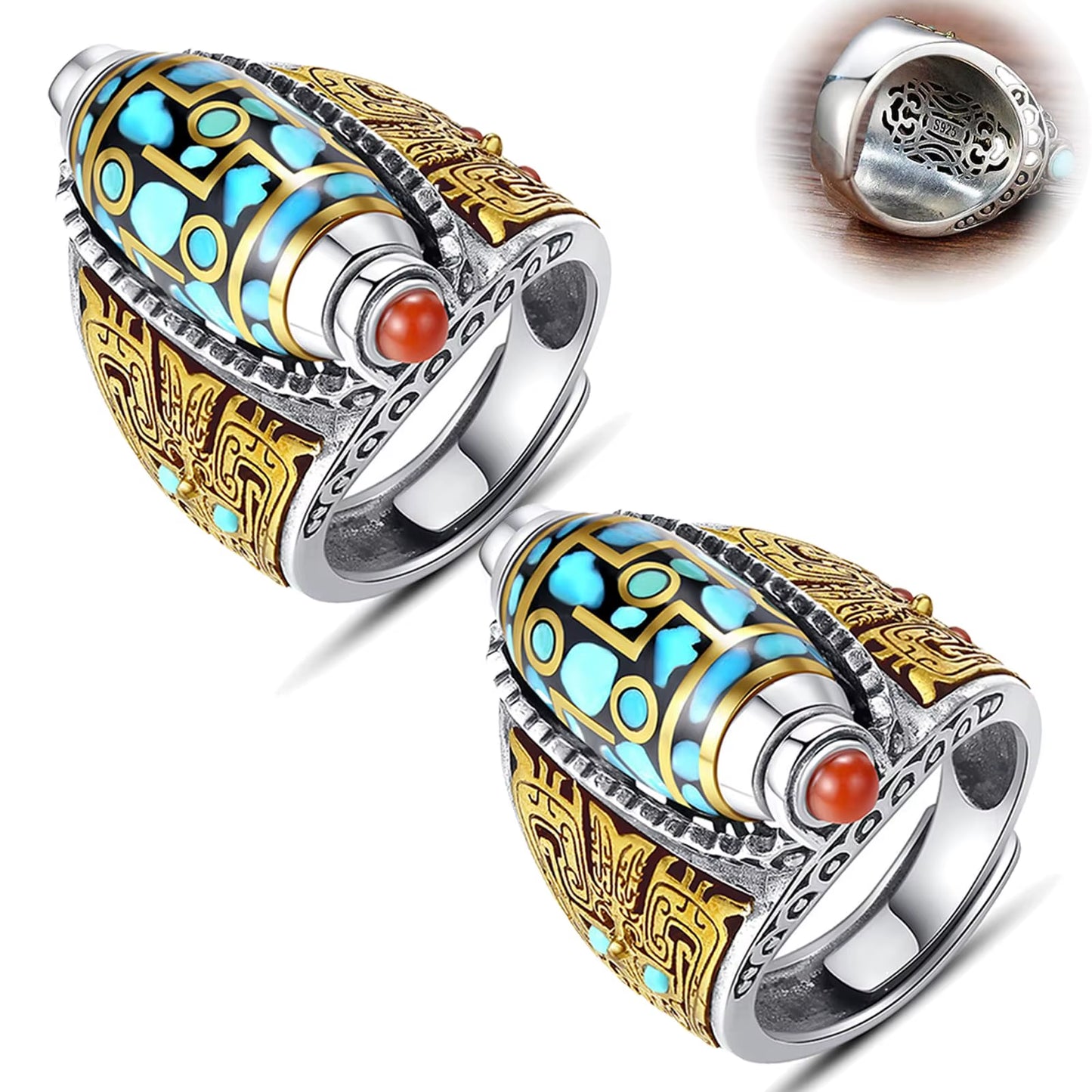 Turquoise Six Character Mantra Nine Eyed Dzi Bead Ring Tibetan Six Character Mantra Bead Transfer Cute Rings for Teen Girls
