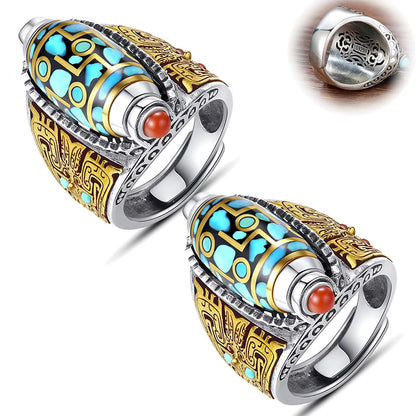 Turquoise Six Character Mantra Nine Eyed Dzi Bead Ring Tibetan Six Character Mantra Bead Transfer Cute Rings for Teen Girls