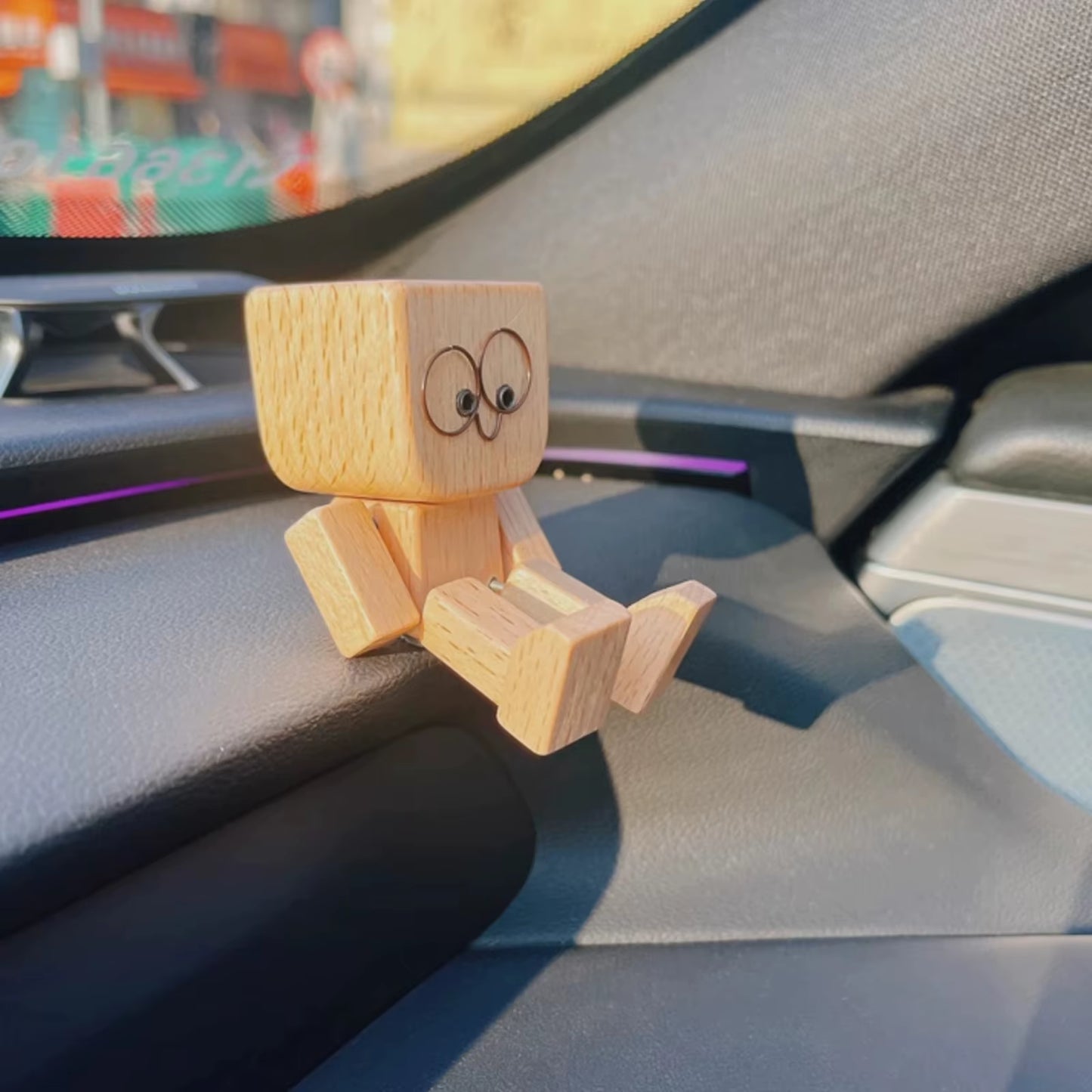 Cute Car Shaking Wooden Man Figurine Interior Wood Ornaments with 12 Magnetic Expressions Handmade Wooden Wiggle Ornament Gift