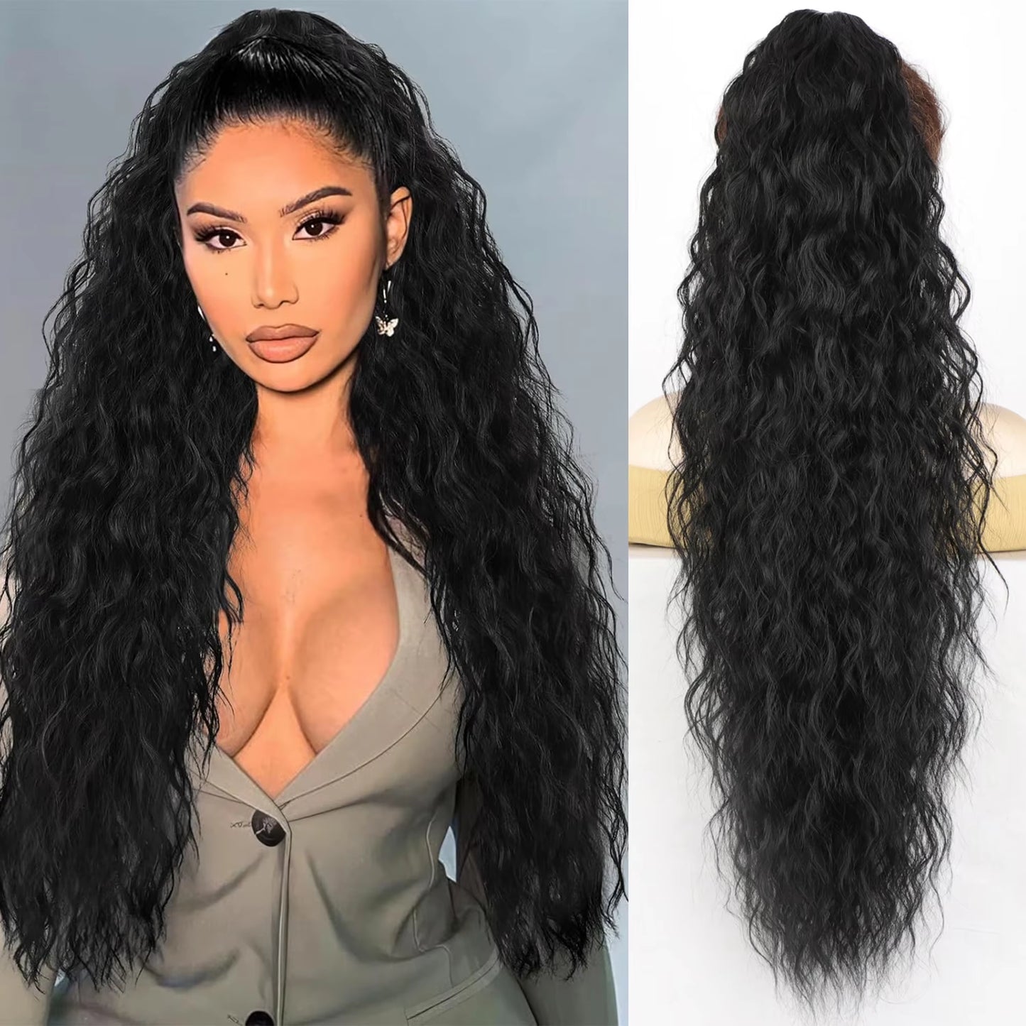 160G Heavy Ombre Black Blonde Curly Ponytail Claw Long Wavy Pony Tail Synthetic Clip in Hair Extensions Fluffy Natural Looking